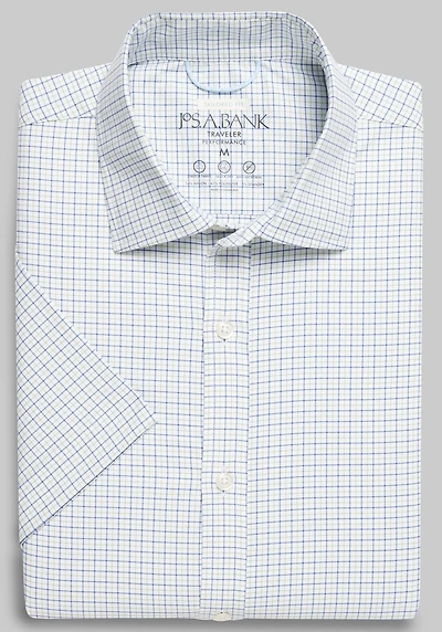 Men's Traveler Performance Tailored Fit Check Short-Sleeve Casual Shirt at Jos. A. Bank, Green