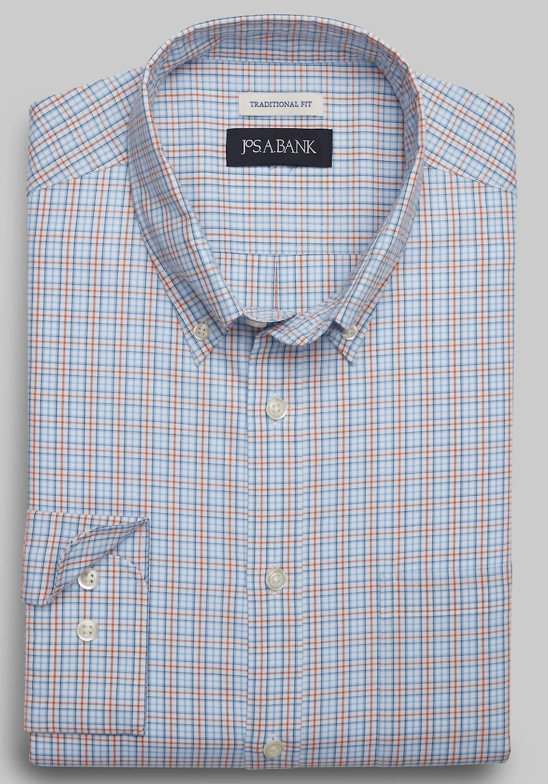 Men's Jos. A. Bank Comfort Stretch Traditional Fit Plaid Long Sleeve Casual Shirt at Jos. A. Bank, Green/Blue