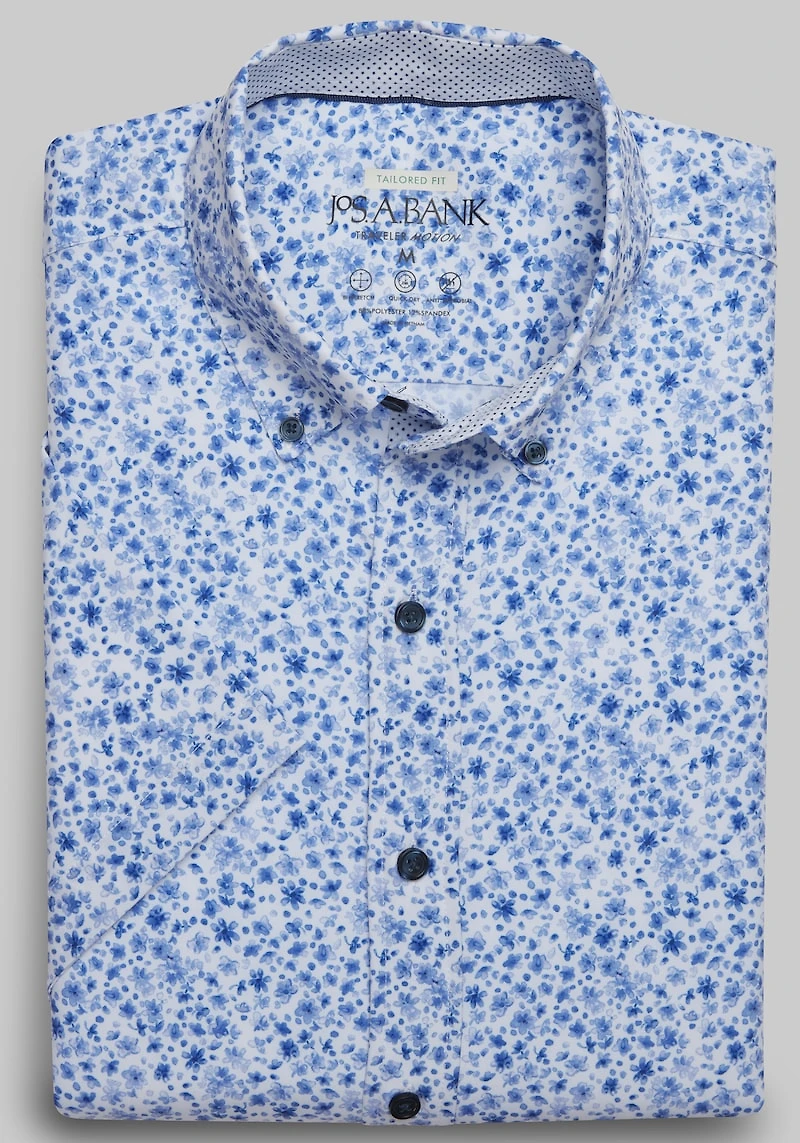 Men's Traveler Motion Tailored Fit Floral 4 Way Stretch Short Sleeve Casual Shirt at Jos. A. Bank, Blue