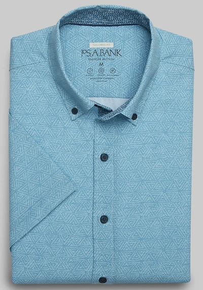 Men's Traveler Motion Tailored Fit 4 Way Stretch Short Sleeve Casual Shirt at Jos. A. Bank, Multi/Teal