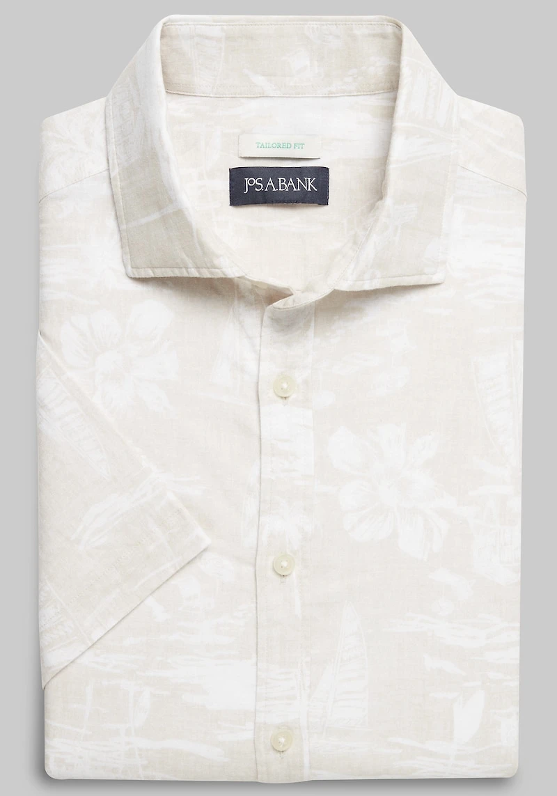 Men's Jos. A. Bank Tailored Fit Tropical Short-Sleeve Casual Shirt at Jos. A. Bank, Cream/Natural/White