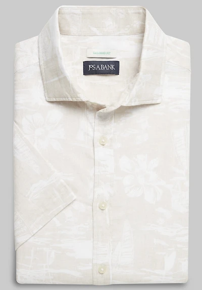 Men's Jos. A. Bank Tailored Fit Tropical Short-Sleeve Casual Shirt at Jos. A. Bank, Cream/Natural/White