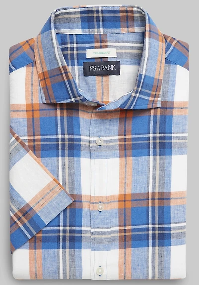Men's Jos. A. Bank Tailored Fit Plaid Short Sleeve Casual Shirt at Jos. A. Bank, Blue