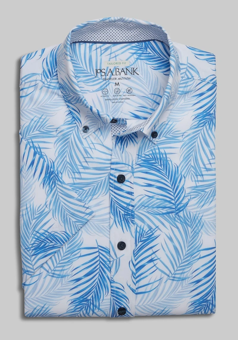 Men's Traveler Motion Tailored Fit Palm 4-Way Stretch Short Sleeve Casual Shirt at Jos. A. Bank, Cream/White