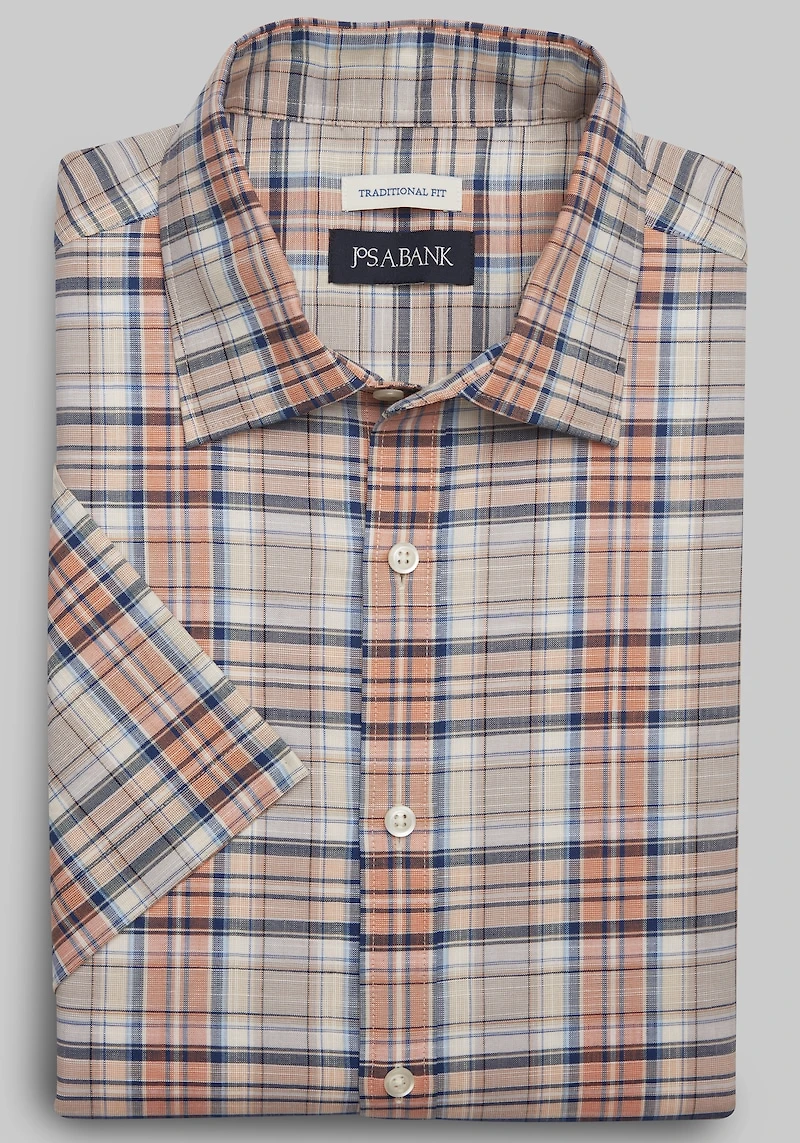 Men's Jos. A. Bank Traditional Fit Plaid Comfort Stretch Short-Sleeve Casual Shirt at Jos. A. Bank, Tan/Orange