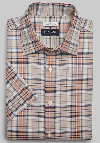Men's Jos. A. Bank Traditional Fit Plaid Comfort Stretch Short-Sleeve Casual Shirt at Jos. A. Bank, Tan/Orange