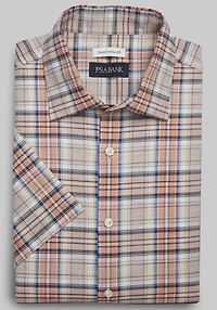Men's Jos. A. Bank Traditional Fit Plaid Comfort Stretch Short-Sleeve Casual Shirt at Jos. A. Bank, Tan/Orange
