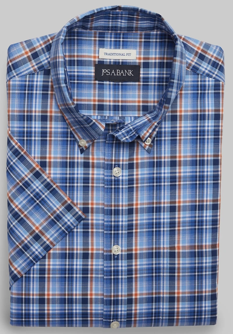 Men's Jos. A. Bank Traditional Fit Plaid Comfort Stretch Short-Sleeve Casual Shirt at Jos. A. Bank, Blue Orange