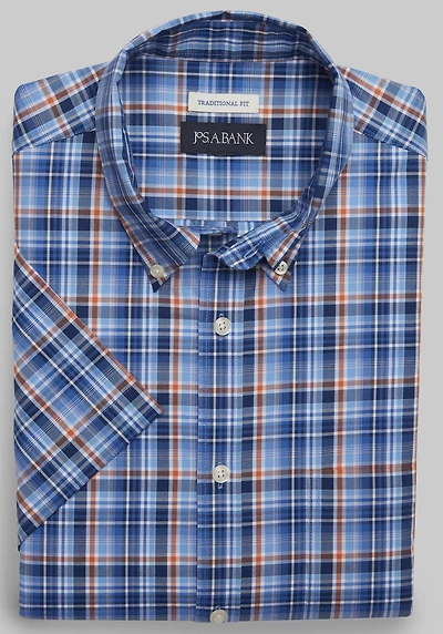 Men's Jos. A. Bank Traditional Fit Plaid Comfort Stretch Short-Sleeve Casual Shirt at Jos. A. Bank, Blue Orange