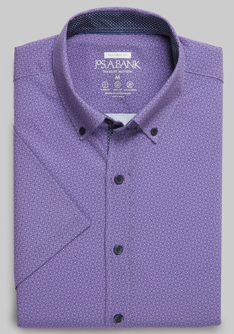 Men's Traveler Motion Tailored Fit 4-Way Stretch Mini Geometric Short-Sleeve Casual Shirt at Jos. A. Bank, Purple Geo