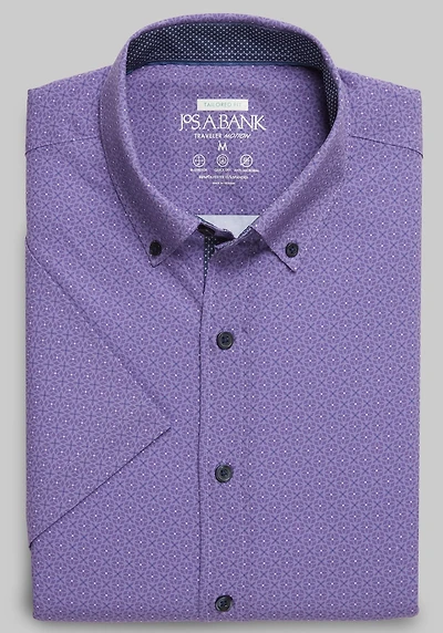 Men's Traveler Motion Tailored Fit 4-Way Stretch Mini Geometric Short-Sleeve Casual Shirt at Jos. A. Bank, Purple Geo