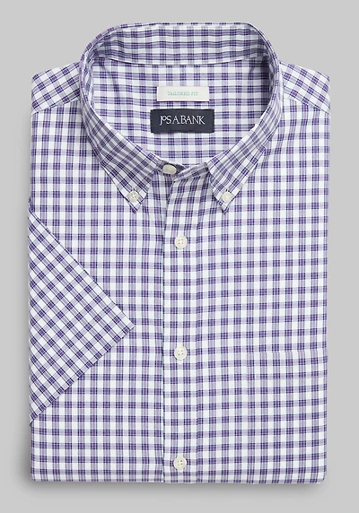 Men's Jos. A. Bank Comfort Stretch Tailored Fit Plaid Short Sleeve Casual Shirt at Jos. A. Bank, Purple Grid