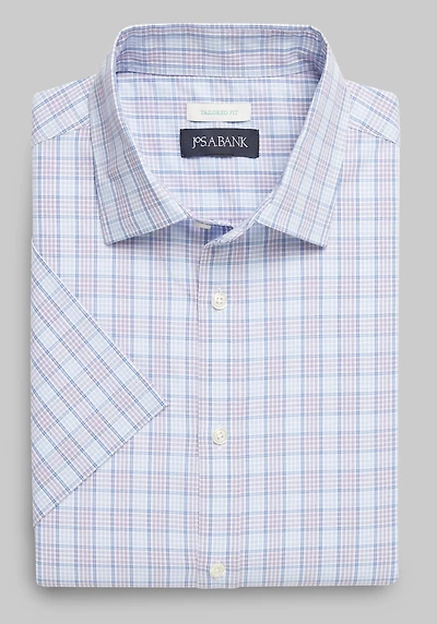 Men's Jos. A. Bank Comfort Stretch Tailored Fit Plaid Short Sleeve Casual Shirt at Jos. A. Bank, Purple Blue