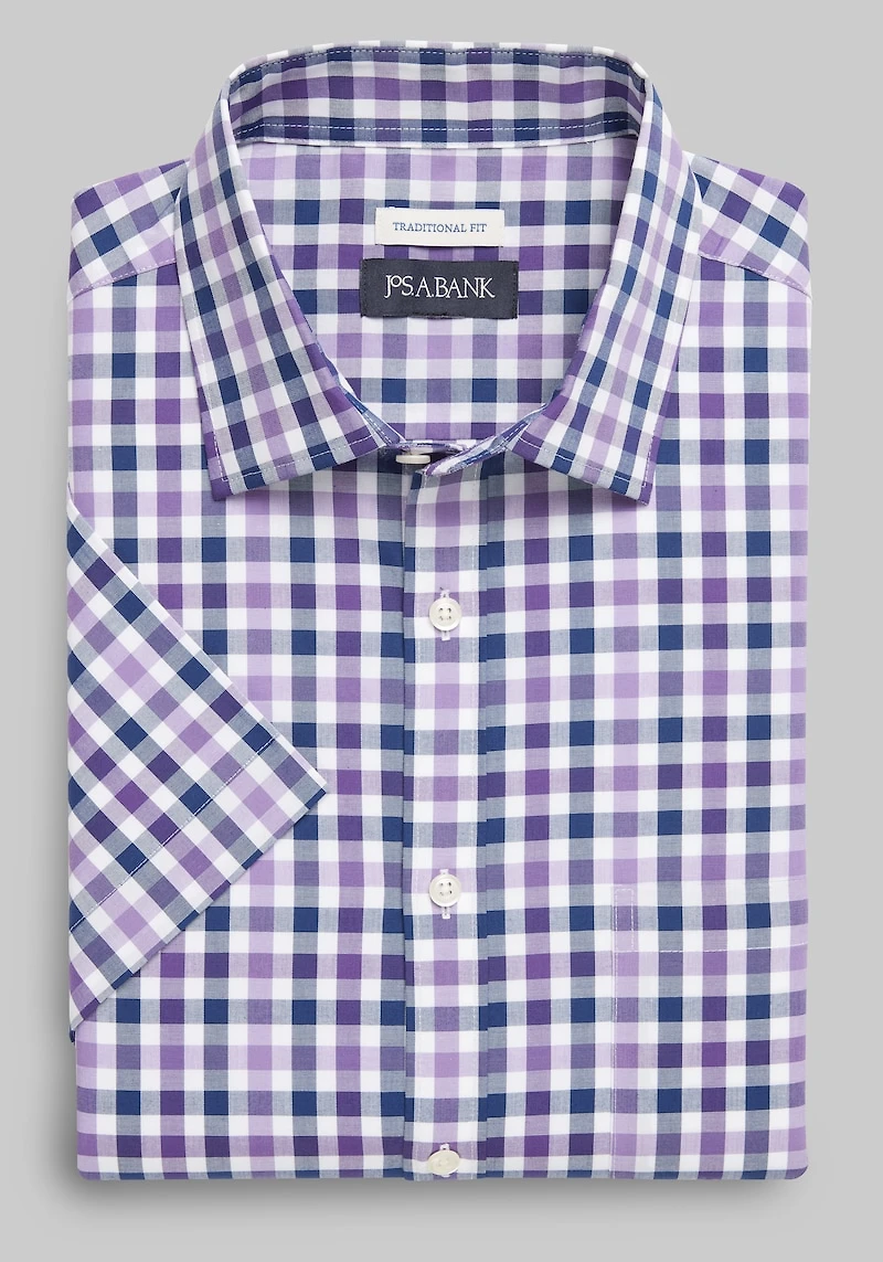 Men's Jos. A. Bank Comfort Stretch Traditional Fit Tonal Check Short Sleeve Casual Shirt at Jos. A. Bank, Purple Navy