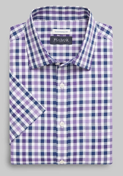 Men's Jos. A. Bank Comfort Stretch Traditional Fit Tonal Check Short Sleeve Casual Shirt at Jos. A. Bank, Purple Navy