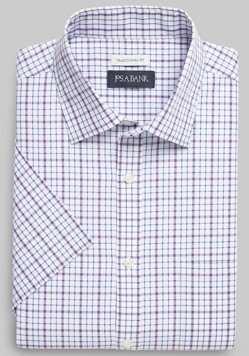 Men's Jos. A. Bank Comfort Stretch Traditional Fit Grid Short Sleeve Casual Shirt at Jos. A. Bank, Purple Check