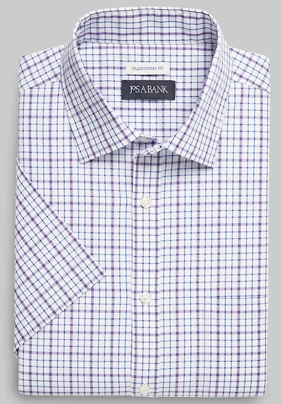Men's Jos. A. Bank Comfort Stretch Traditional Fit Grid Short Sleeve Casual Shirt at Jos. A. Bank, Purple Check