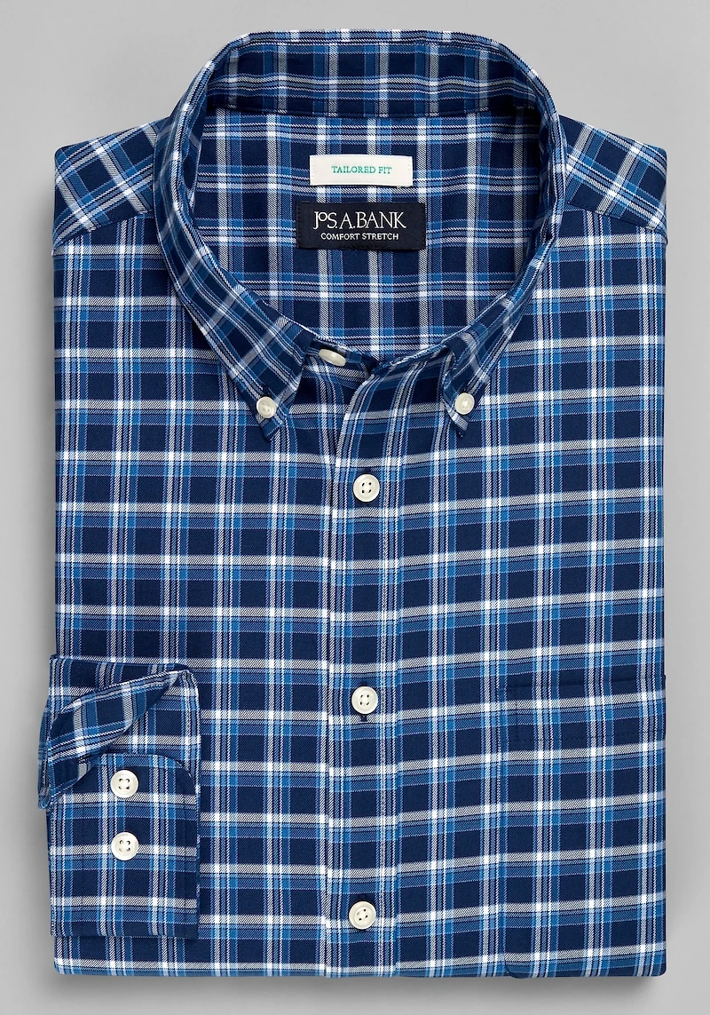 Men's Jos. A. Bank Tailored Fit Medium Offset Plaid Casual Shirt at Jos. A. Bank, Blue/Navy