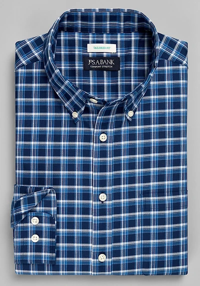 Men's Jos. A. Bank Tailored Fit Medium Offset Plaid Casual Shirt at Jos. A. Bank, Blue/Navy
