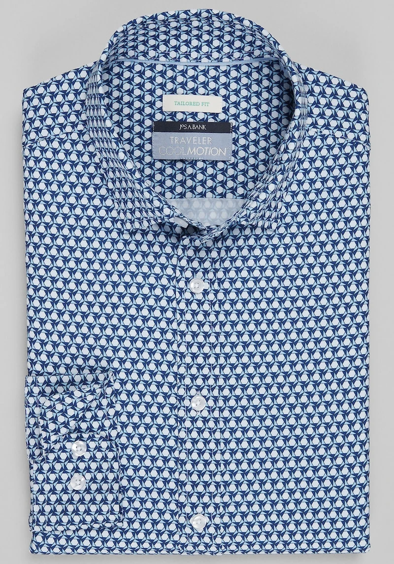 Men's Jos. A. Bank Tailored Fit Geo 4-Way Stretch Casual Shirt at Jos. A. Bank, Blue/Navy