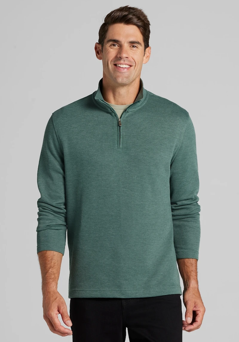 Men's Jos. A. Bank Comfort Stretch Tailored Fit French Rib 1/4 Zip Pullover at Jos. A. Bank, Green/Ponderosa Pine