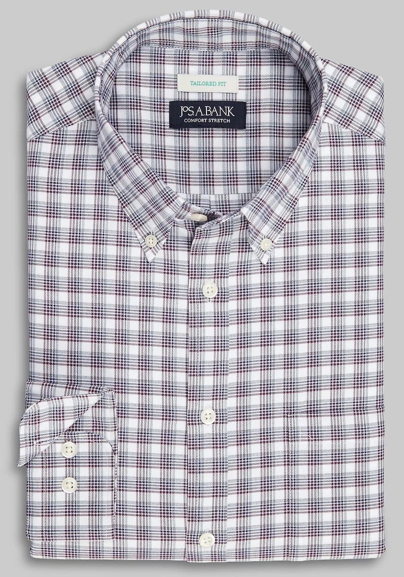 Men's Jos. A. Bank Tailored Fit Check Long Sleeve Casual Shirt at Jos. A. Bank, Burgundy