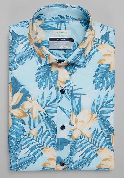 Men's Traveler® Motion Tailored Fit Hawaiian 4 Way Stretch Short Sleeve Casual Shirt at Jos. A. Bank, Light Blue