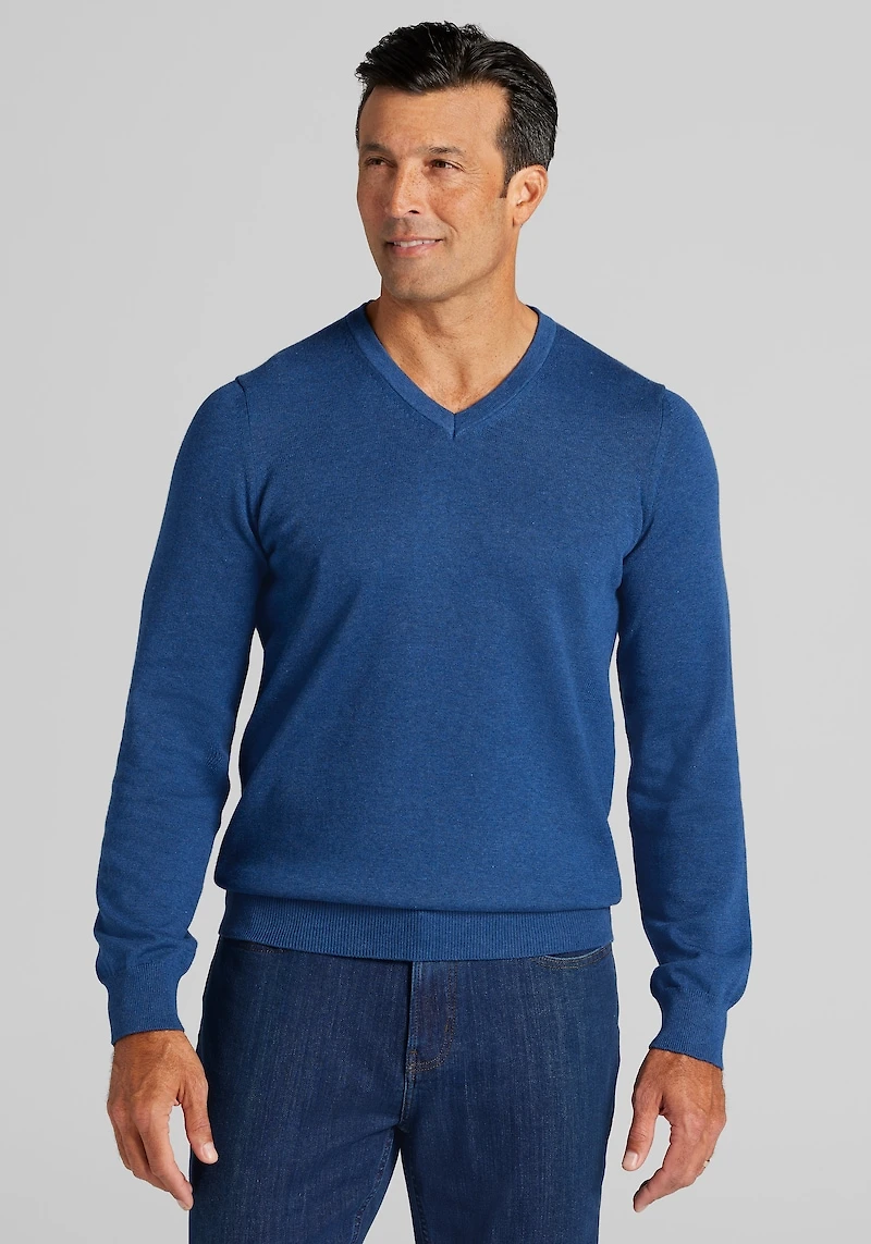 Men's Jos. A. Bank Tailored Fit Pima Cotton V-Neck Sweater at Jos. A. Bank, Dark Blue