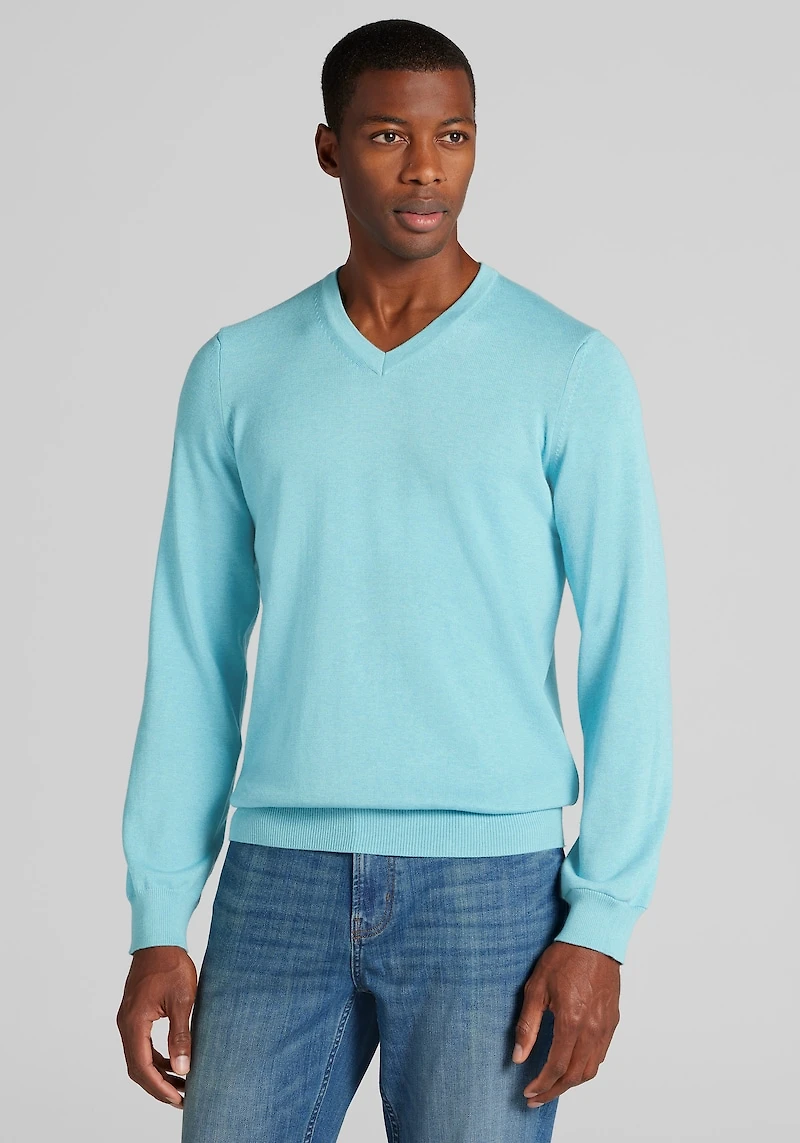 Men's Jos. A. Bank Tailored Fit Pima Cotton V-Neck Sweater at Jos. A. Bank, Aqua/Multi