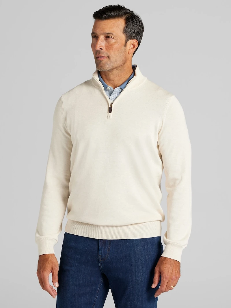 Men's Jos A. Bank Tailored Fit Pima Cotton 1/4-Zip Sweater at Jos. A. Bank, Cream/Ivory/White
