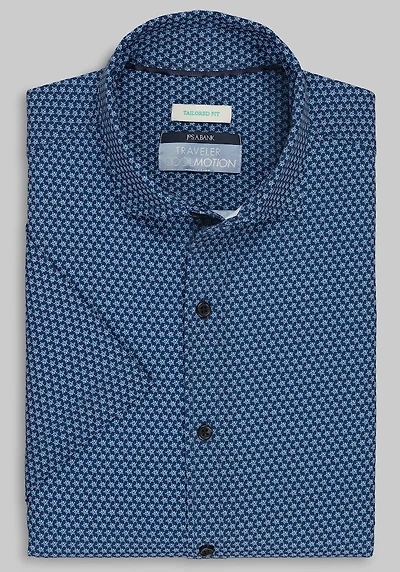 Men's Traveler Collection Tailored Fit Snow Flake 4-Way Stretch Short Sleeve Casual Shirt at Jos. A. Bank, Blue/Navy
