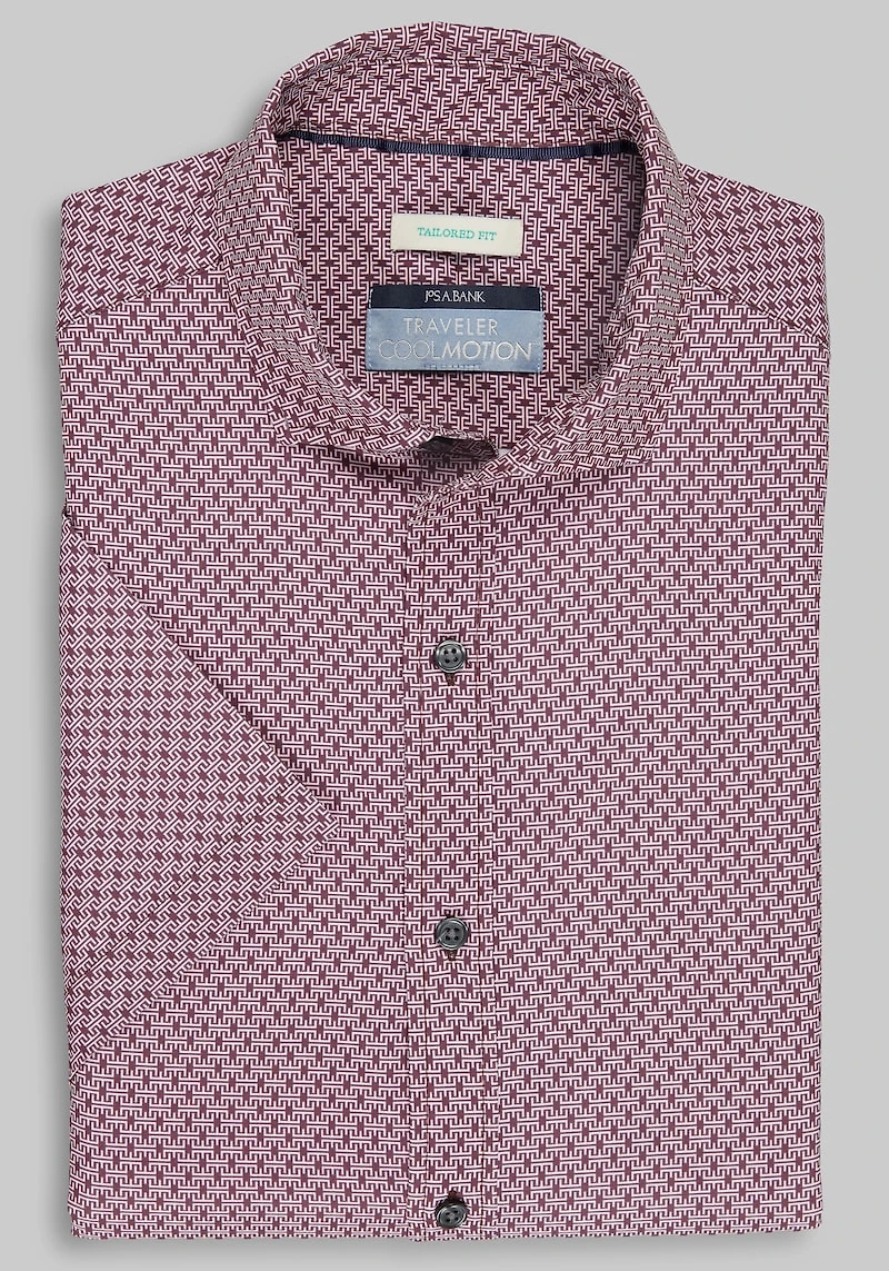 Men's Traveler Collection Tailored Fit Aztec 4-Way Stretch Short Sleeve Casual Shirt at Jos. A. Bank, Burgundy