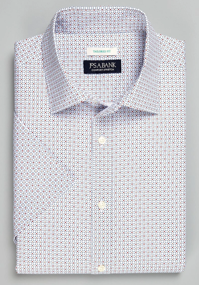 Men's Jos. A. Bank Tailored Fit Multi Diamond Short Sleeve Casual Shirt at Jos. A. Bank, Cream/White
