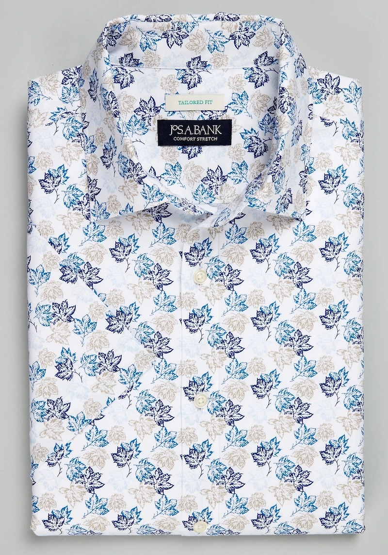 Men's Jos. A. Bank Tailored Fit Leaf Short Sleeve Casual Shirt at Jos. A. Bank, Cream/White