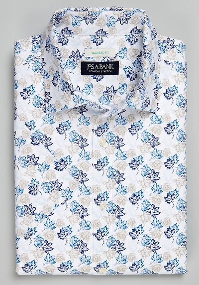 Men's Jos. A. Bank Tailored Fit Leaf Short Sleeve Casual Shirt at Jos. A. Bank, Cream/White