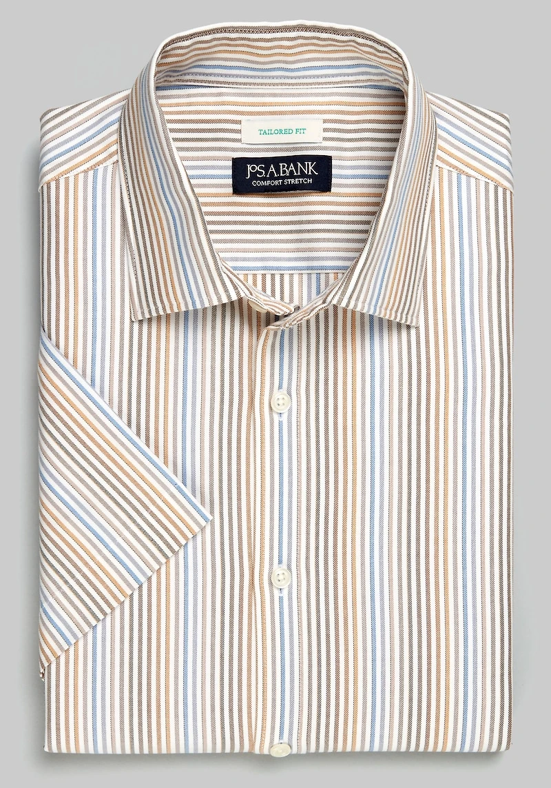Men's Jos. A. Bank Tailored Fit Multi Stripe Short Sleeve Casual Shirt at Jos. A. Bank, Camel/Tan