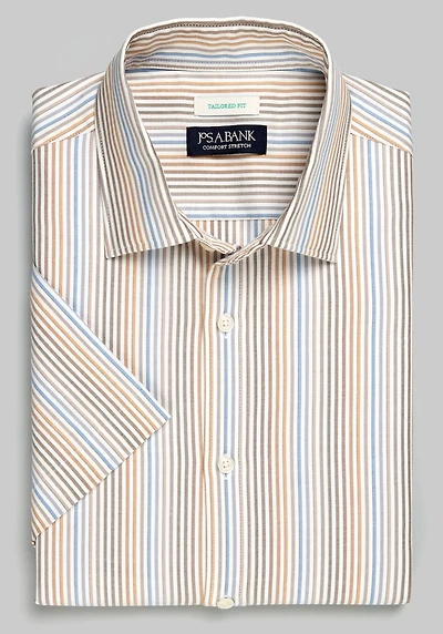 Men's Jos. A. Bank Tailored Fit Multi Stripe Short Sleeve Casual Shirt at Jos. A. Bank, Camel/Tan
