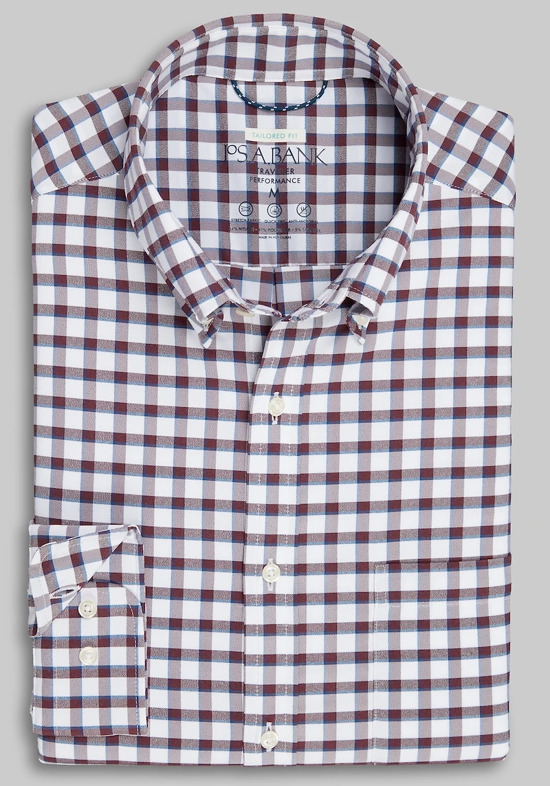 Men's Traveler Collection Tailored Fit Plaid Casual Shirt at Jos. A. Bank, Burgundy