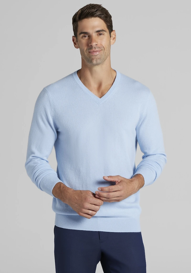 Men's Reserve Collection Tailored Fit V-Neck Cashmere Sweater at Jos. A. Bank, Light Blue