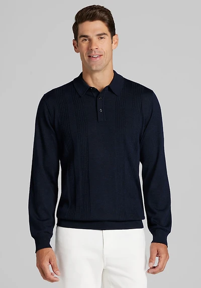 Men's Jos. A. Bank Tailored Fit Fashion Panel Stitch Polo Sweater at Jos. A. Bank, Blue/Lt Navy Blazer