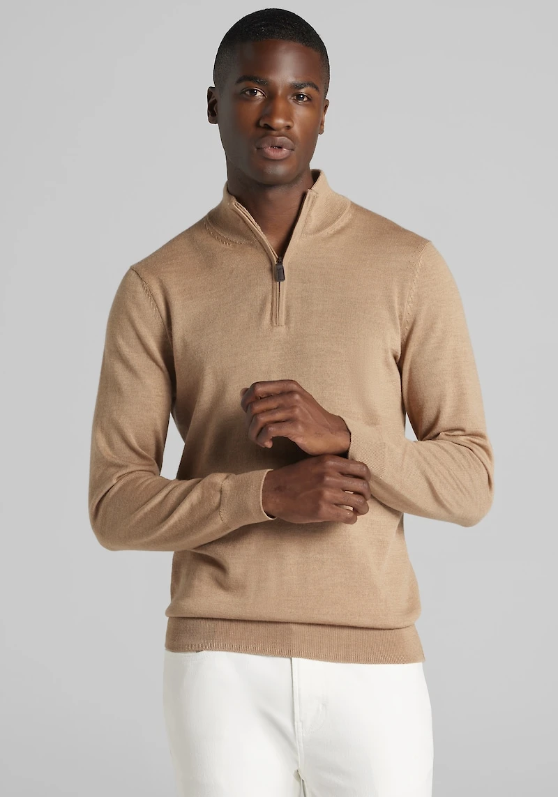 Men's Traveler® Collection Tailored Fit Merino Blend 1/4-Zip Sweater at Jos. A. Bank, Tan