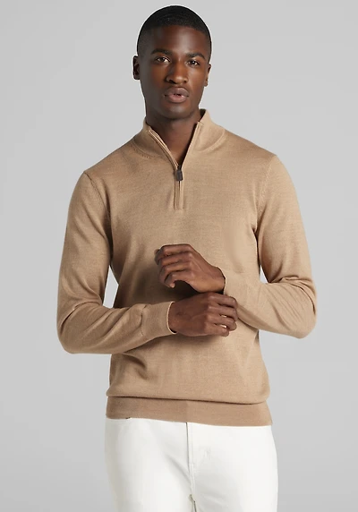 Men's Traveler® Collection Tailored Fit Merino Blend 1/4-Zip Sweater at Jos. A. Bank, Tan