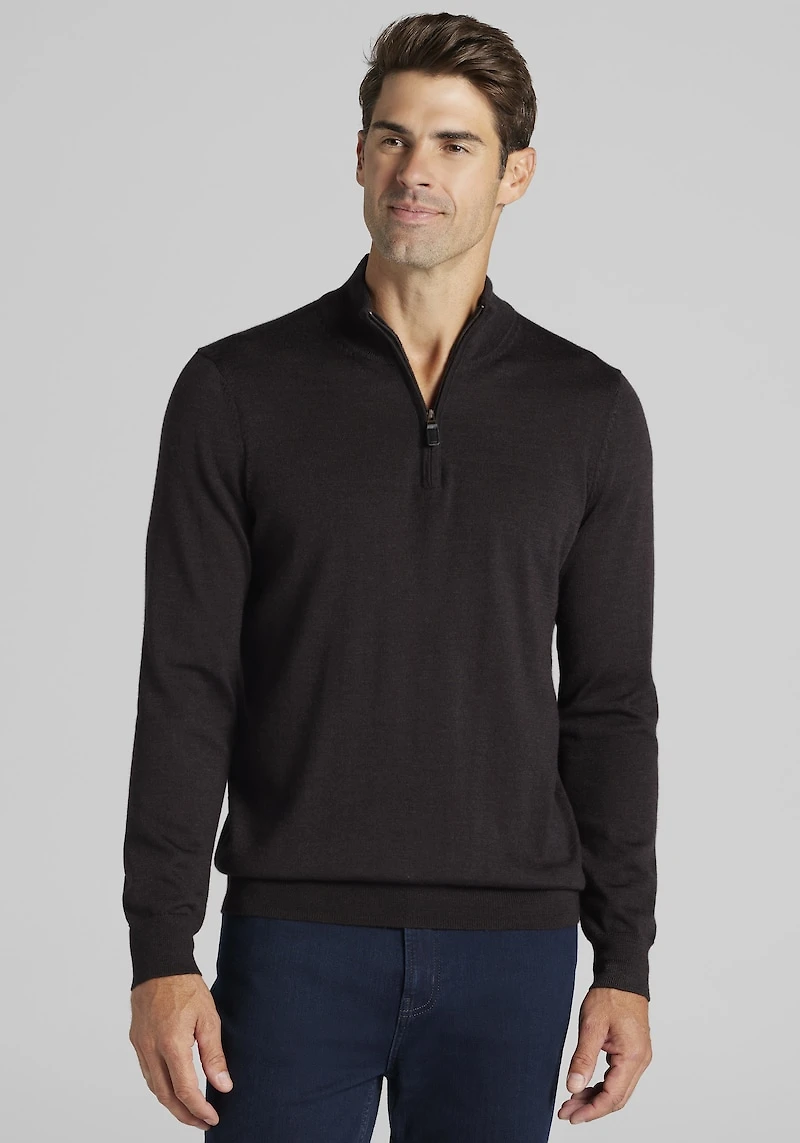 Men's Traveler® Collection Tailored Fit Merino Blend 1/4-Zip Sweater at Jos. A. Bank, Dark Brown