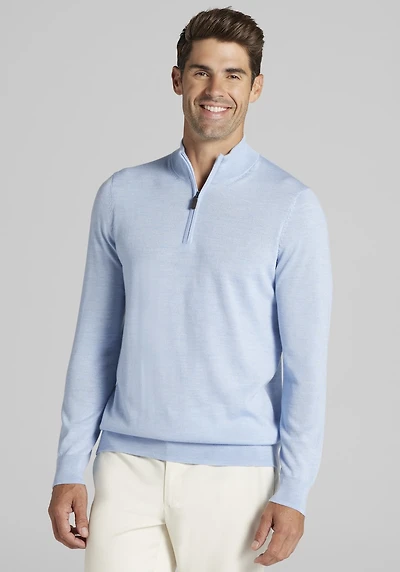 Men's Traveler® Collection Tailored Fit Merino Blend 1/4-Zip Sweater at Jos. A. Bank, Light Blue