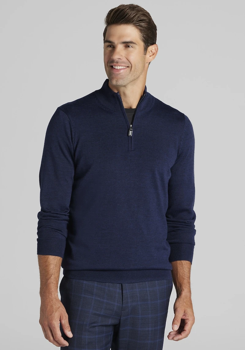 Men's Traveler® Collection Tailored Fit Merino Blend 1/4-Zip Sweater at Jos. A. Bank, Blue/Navy