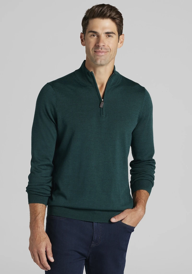 Men's Traveler® Collection Tailored Fit Merino Blend 1/4-Zip Sweater at Jos. A. Bank, Dark Green