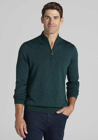Men's Traveler® Collection Tailored Fit Merino Blend 1/4-Zip Sweater at Jos. A. Bank, Dark Green