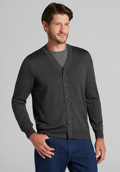 Men's Traveler Collection Tailored Fit Merino Wool Cardigan Sweater at Jos. A. Bank, Charcoal/Grey