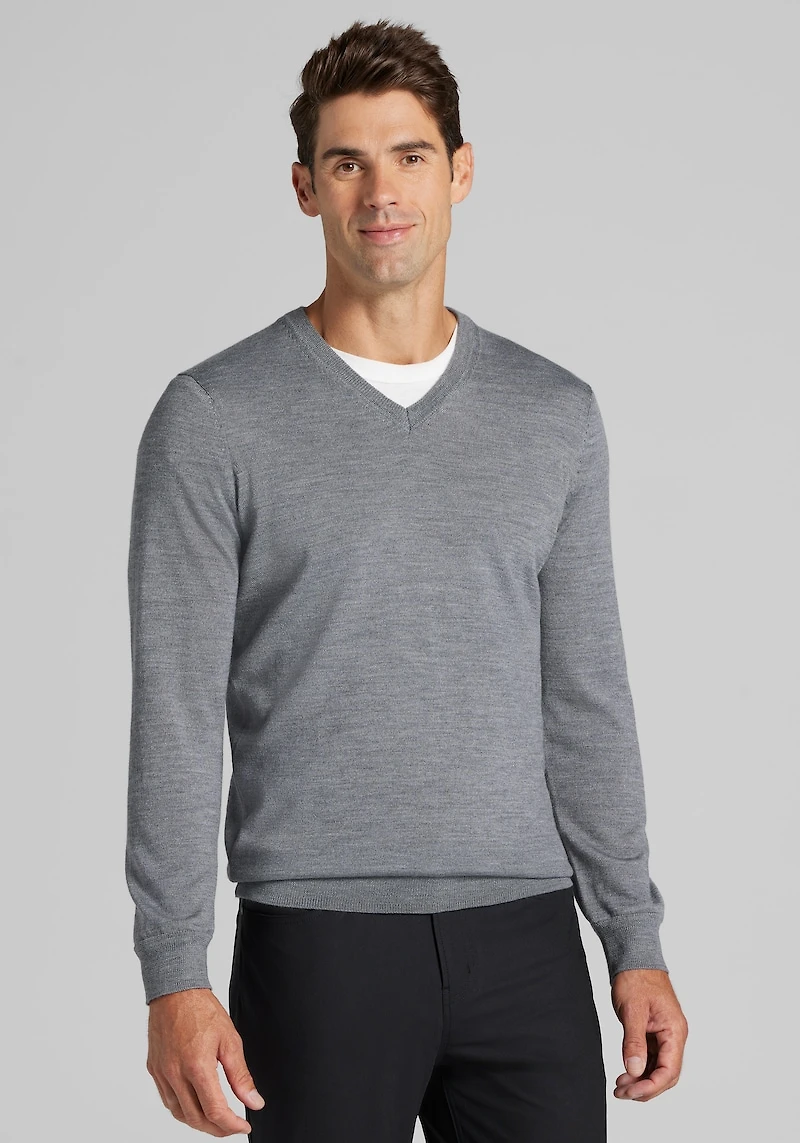 Men's Traveler Collection Tailored Fit Merino V-Neck Sweater at Jos. A. Bank, Grey