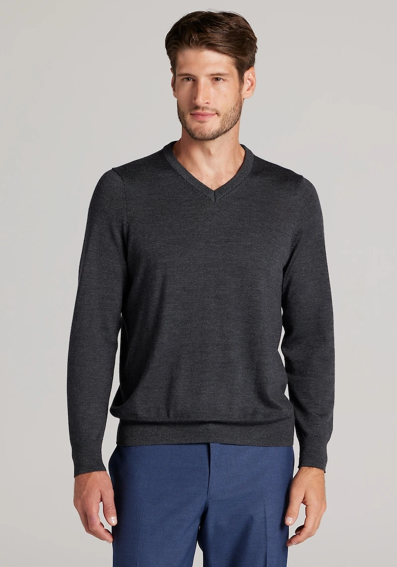Men's Traveler® Performance Tailored Fit Merino V-Neck Sweater at Jos. A. Bank, Charcoal/Grey